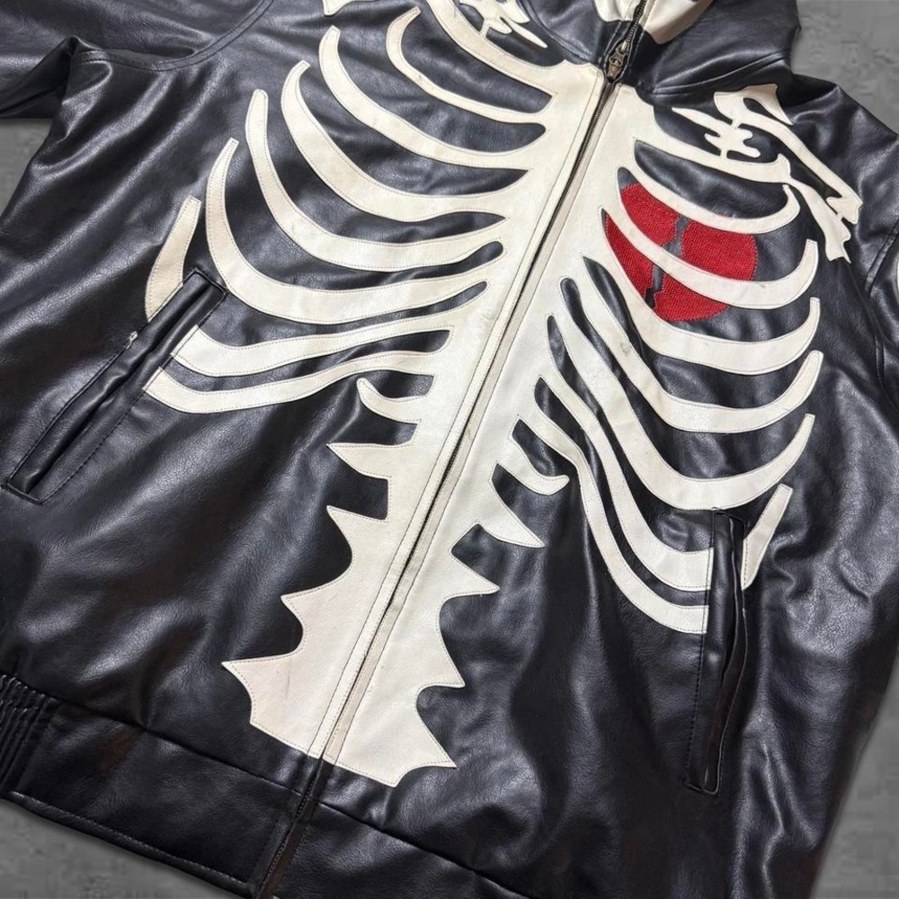 Y2k 90s Vintage Skater Grunge Oversized Skeleton Leather Zip Up Jacket - Picture 3 of 8